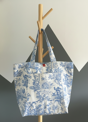 French Toile de Jouy Cotton Tote Bag – Blue Elegant Market & Everyday Carry Bag with Embroidered Detail