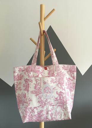 French Toile de Jouy Cotton Tote Bag – Pink Elegant Market & Everyday Carry Bag with Embroidered Detail
