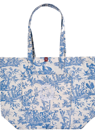 French Toile de Jouy Cotton Tote Bag – Blue Elegant Market & Everyday Carry Bag with Embroidered Detail