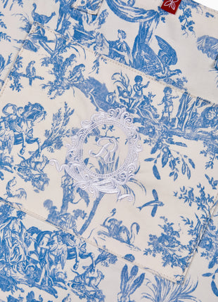 French Toile de Jouy Cotton Tote Bag – Blue Elegant Market & Everyday Carry Bag with Embroidered Detail