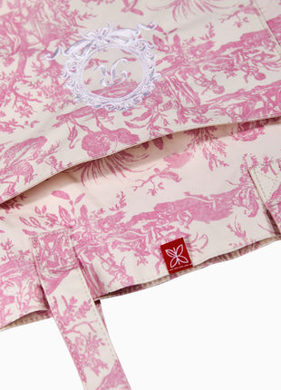 French Toile de Jouy Cotton Tote Bag – Pink Elegant Market & Everyday Carry Bag with Embroidered Detail