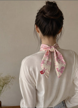 French Toile de Jouy Slim Cotton Scarf – Pink Vintage Inspired Neck & Hair Accessory