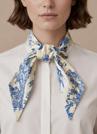 French Toile de Jouy Slim Cotton Scarf – Blue Vintage Inspired Neck & Hair Accessory