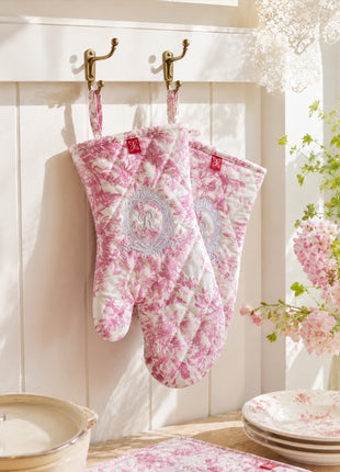 French Toile de Jouy Oven Mitt Set of 2 – Pink Elegant Cotton Kitchen Gloves |  Cottagecore Cooking Accessories