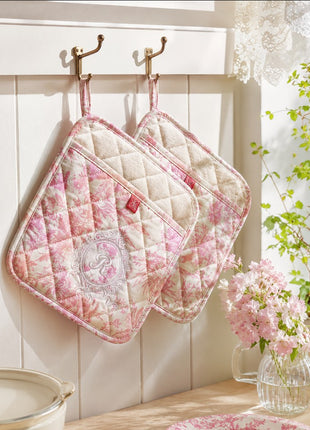 French Toile de Jouy Pot Holder Set of 2 – Pink Elegant Cotton Kitchen Pads | Cottagecore Kitchen Accessories
