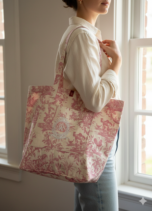 French Toile de Jouy Cotton Tote Bag – Pink Elegant Market & Everyday Carry Bag with Embroidered Detail