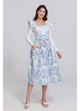 French elegant toile de jouy cotton apron in blue floral pattern