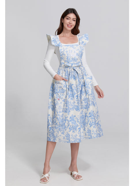 French elegant toile de jouy cotton apron in blue floral pattern