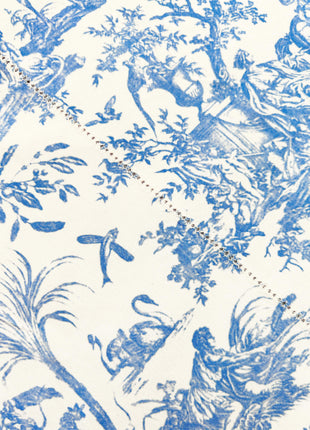 Blue and white toile de jouy pattern with elegant hemstitch and classical figures on a white background