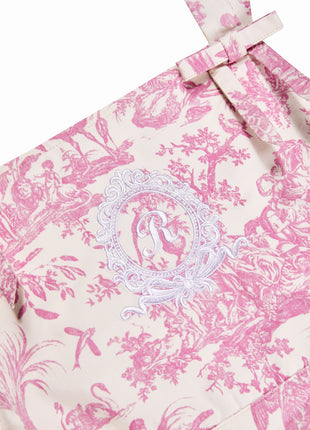 French Toile de Jouy Ruffle Apron – Pink Romantic Cotton Kitchen Apron with Ribbon Details