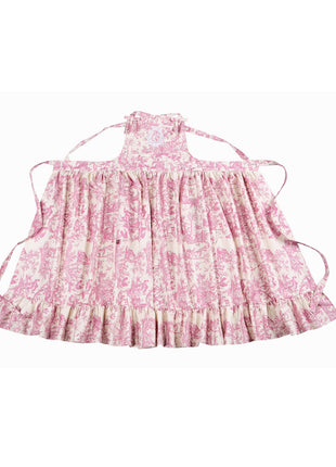 French Toile de Jouy Ruffle Apron – Pink Romantic Cotton Kitchen Apron with Ribbon Details