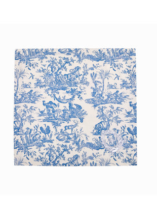 Blue toile de jouy floral patterned napkins with royal emblem embroidery
