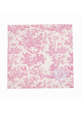 Pink toile de jouy floral patterned napkins with royal emblem embroidery