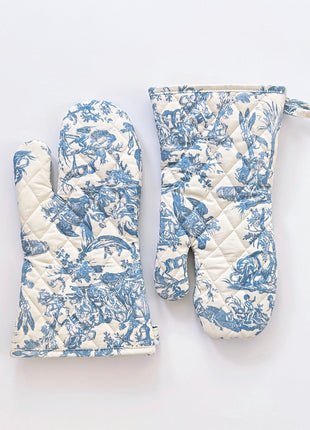 Pair of blue toile de jouy patterned ovenmitts with royal emblem embroidery 