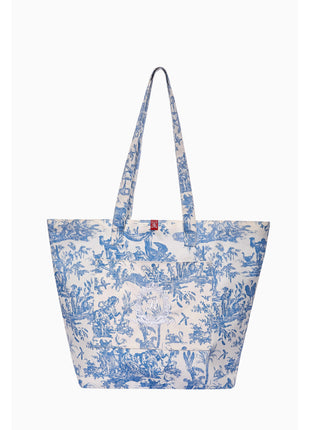 Blue toile de jouy floral cotton tote bag with front pocket