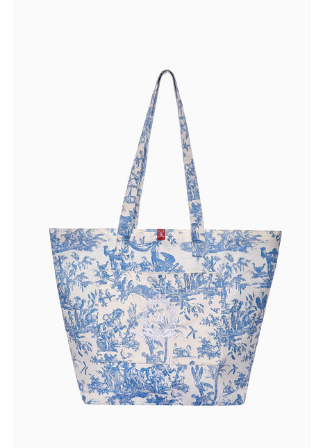 Blue toile de jouy floral cotton tote bag with front pocket