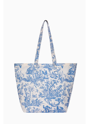 Blue toile de jouy floral cotton tote bag with front pocket