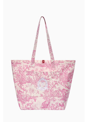 Pink toile de jouy floral cotton tote bag with front pocket