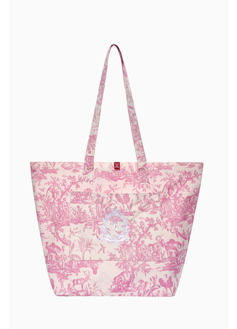 Pink toile de jouy floral cotton tote bag with front pocket