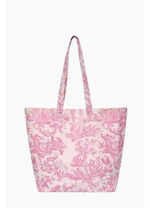 Pink toile de jouy floral cotton tote bag with front pocket