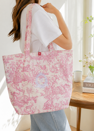 French Toile de Jouy Cotton Tote Bag – Pink Elegant Market & Everyday Carry Bag with Embroidered Detail